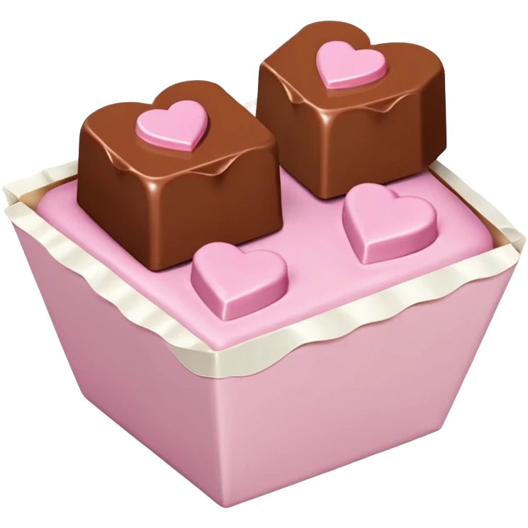 Two square milk chocolate 2 pralines only, Each praline is a sharp-edged cube with smooth glossy chocolate coating, placed in a small white fluted paper candy cup. On top of each cube is a flat pastel pink heart-shaped icing, thin and smooth, slightly translucent, with fine sugar crystal sparkle. emoji