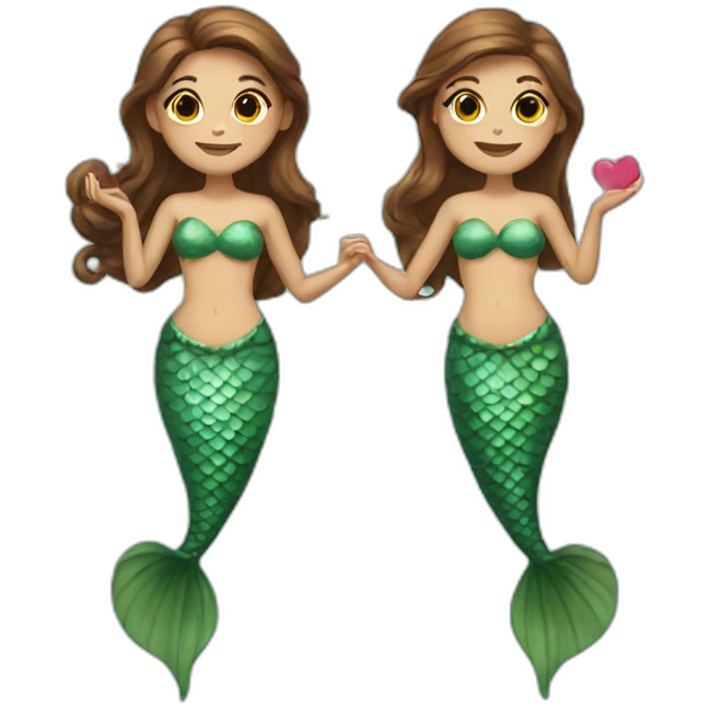 Two brown haired mermaids with their tails making a heart  emoji