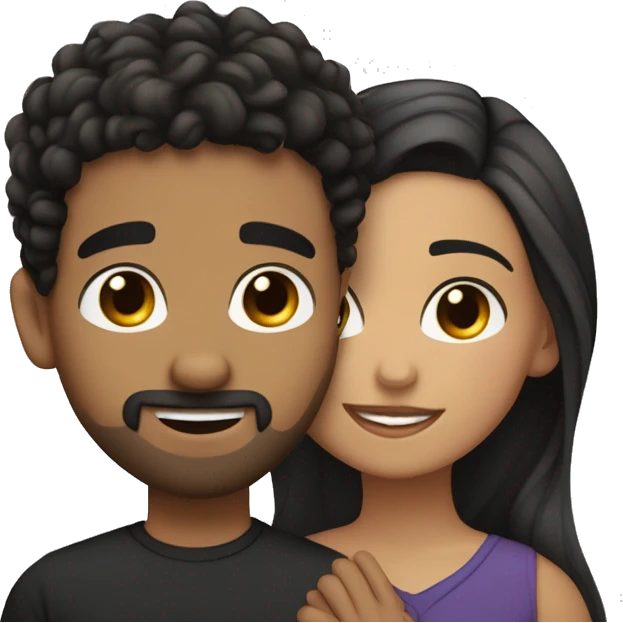 Hispanic girl with light skin, hazel eyes and black wavy hair side hugging Arab boy with medium curly hair and a small mustache and goatee emoji