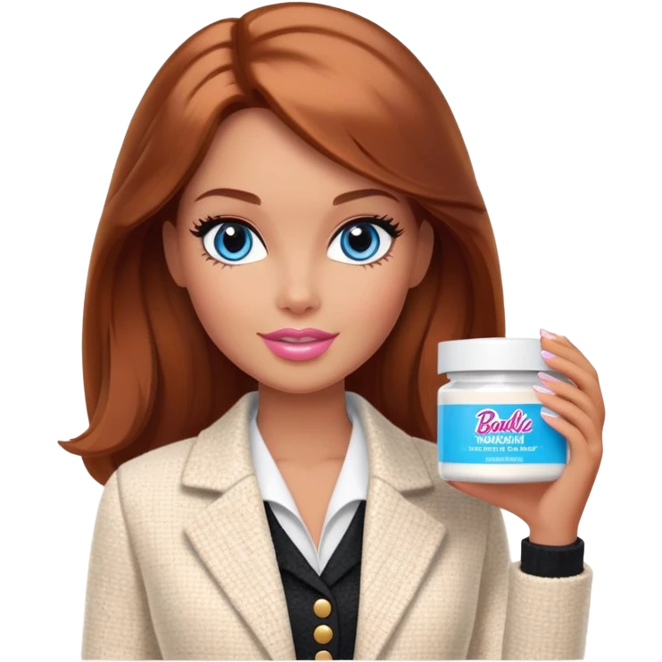 A Barbie girl with blue eyes, shoulder-length reddish-brown hair with makeup, wearing a white tweed jacket and a black skirt, holds pale beige body moisturizer cream pot emoji