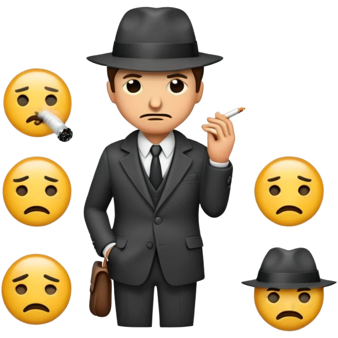 A pack of emoji-style illustrations of a noir detective wearing a classic suit and fedora, holding or smoking a cigarette. Each emoji shows a different expression or pose: thinking, sneaking, investigating with a magnifying glass, standing in the rain, looking mysterious, suspicious, angry, happy, and tired. Stylized like emojis: clean, simple, colorful, with expressive faces. Transparent background. emoji