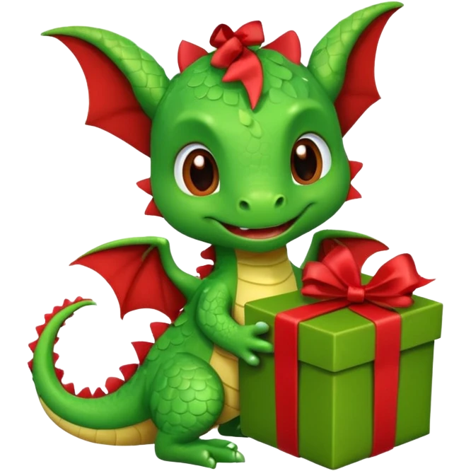 a cute baby dragon is holding a brown carton gift with red ribbon emoji