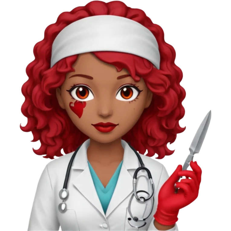 Lilith scalpel in hand, evil surgeon sexy surgeon clothes.  She has red eyes. She brown long curly hair. Wears sexy doctor outfit with red gloves.hair is free and brown  Wears red bandana to hide  her mouth and nose emoji