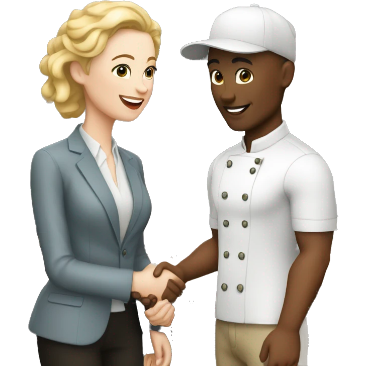 restaurant owner and blogger shaking hands, both with white skin, in great detail emoji