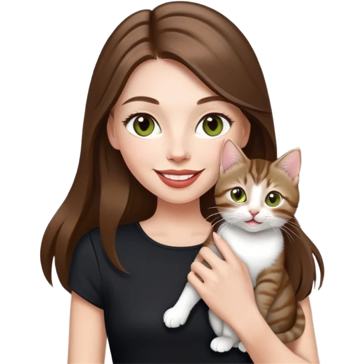 White Woman with VERY long straight brown hair, rosy lips, chartreuse eyes, cute happy big smile holding a white and brown tabby kitten, wearing a black purse emoji