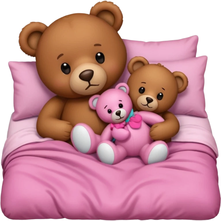 Brown teddy bear cuddling with a pink teddy bear in bed emoji