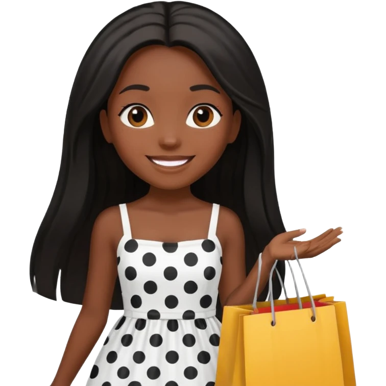 black girl with long straight hair and white dress with black dots holding shopping bags  emoji
