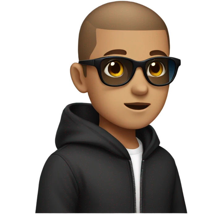 a boy with a buzz cut ,sunglasses  , blue eyes , brown hair and a black hoodie emoji