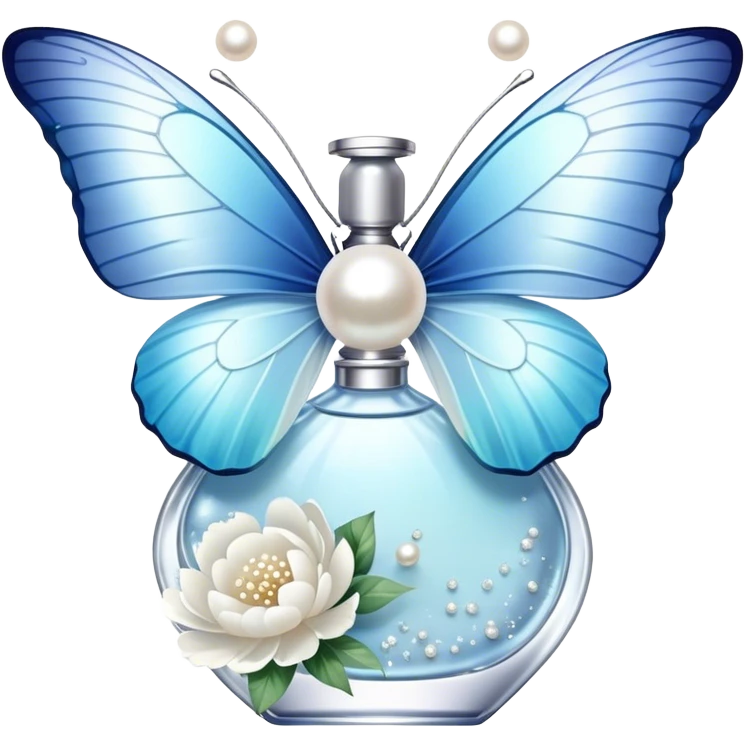 A delicate glass perfume bottle with an iridescent pearl finish rests on a vintage lace doily. A pale blue butterfly flutters nearby, its shimmering wings catching the soft golden light. Scattered white peony petals and a string of pearls add a touch of timeless elegance. emoji