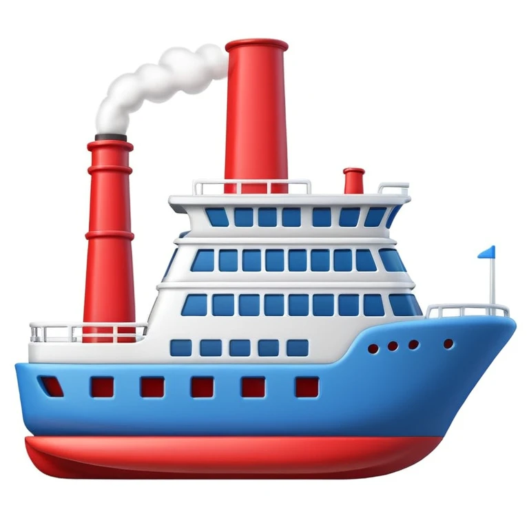 3D Apple-style emoji of a ship with simplified shapes, cartoon-like look, glossy finish, soft shadows, white background, featuring a red smokestack, blue hull, and recognizable windows emoji