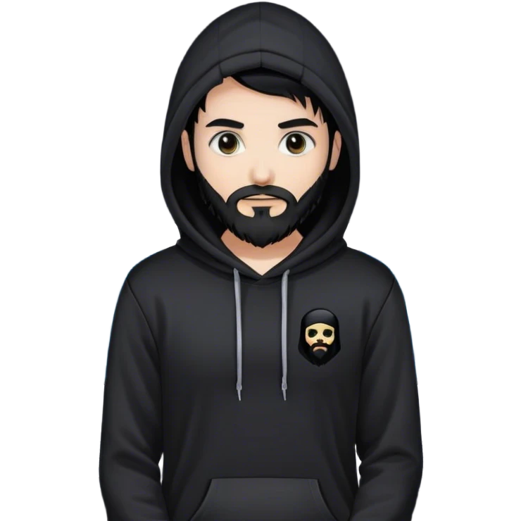 hackeur blanc cheveux noir barbe et capuche noir à côté d'un server ia emoji