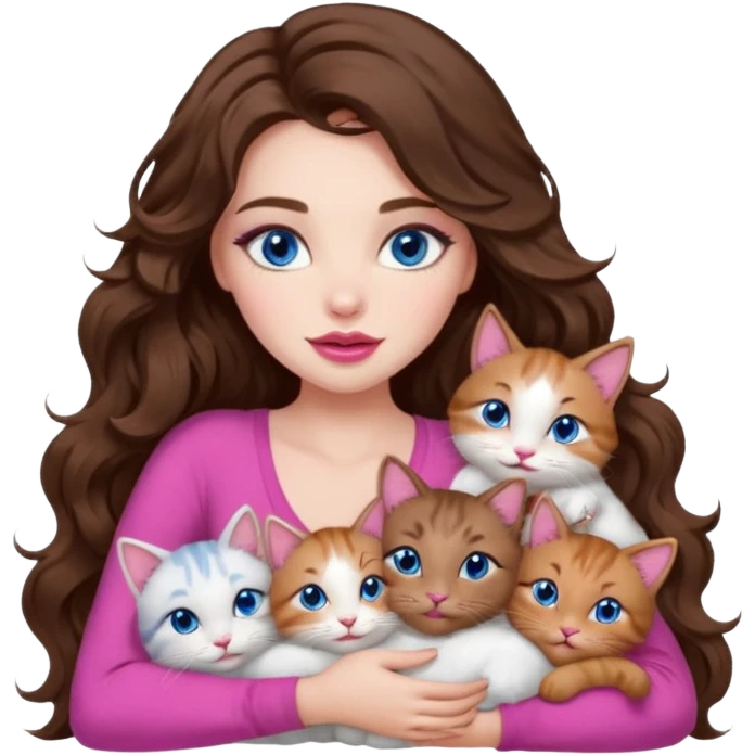 girl with long wavy brown hair, blue eyes, long lashes makeup, sexy pink lips, cuddling with 6 cats emoji