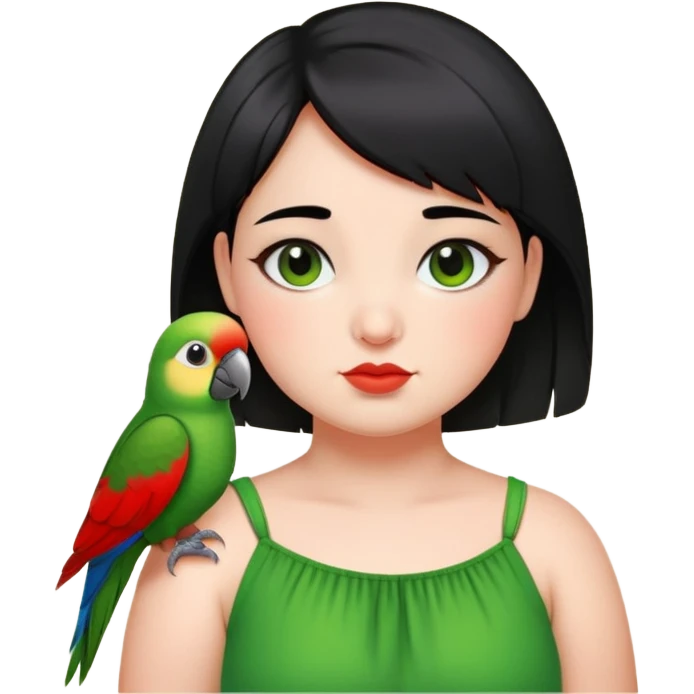 A chubby cheeks girl with short black hair with a green red lip parrot on her shoulder  emoji