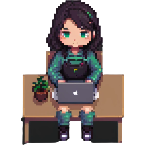girl working on a MacBook, pixel art style emoji