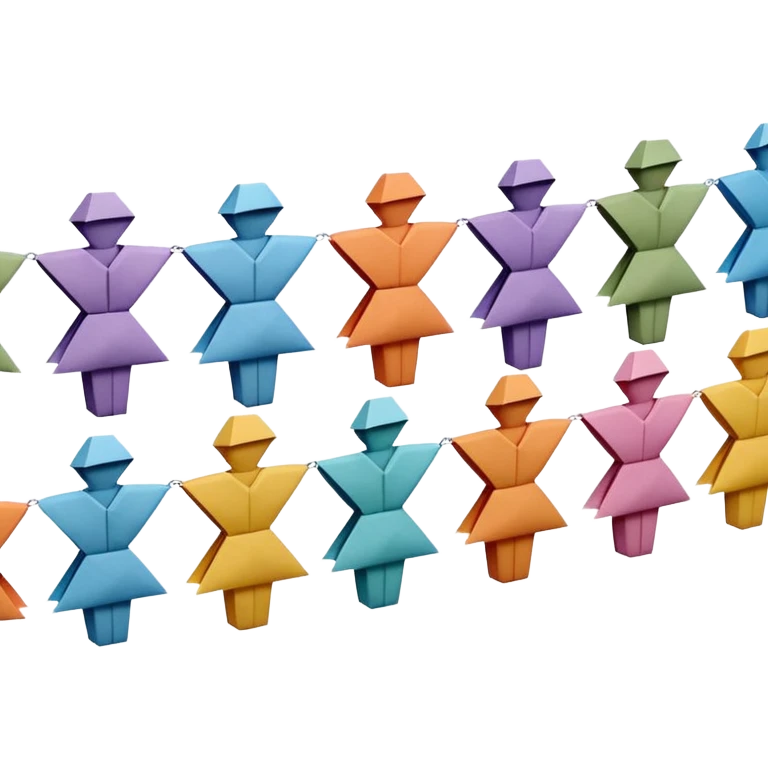 3D render of Paper Doll Chain entirely of folded origami paper, sharp creases, cardboard texture, matte finish, visible paper grain, craft aesthetic,emoji style, isolated on white background --v 6.0 emoji