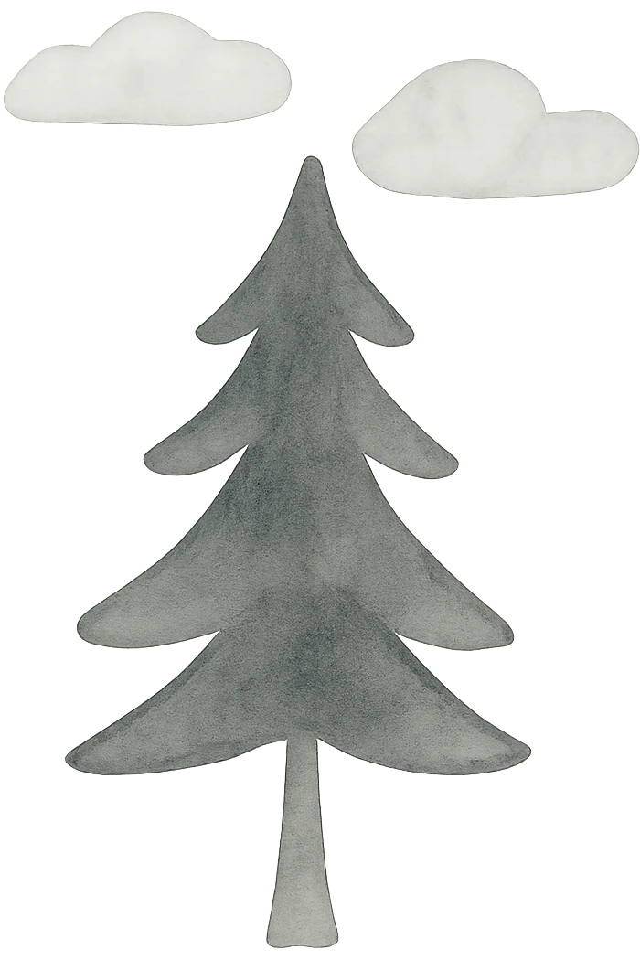 illustration of a simple single evergreen tree with clouds in Scandinavian folk art style, dark neutral forest color tones, watercolor texture with outlines, suitable for favicon emoji