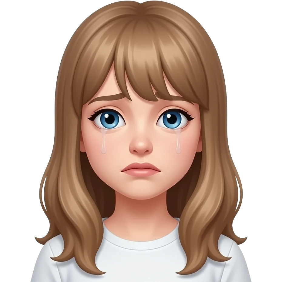 a young woman with long light brown hair and fringe and blue eyes  is very sad emoji