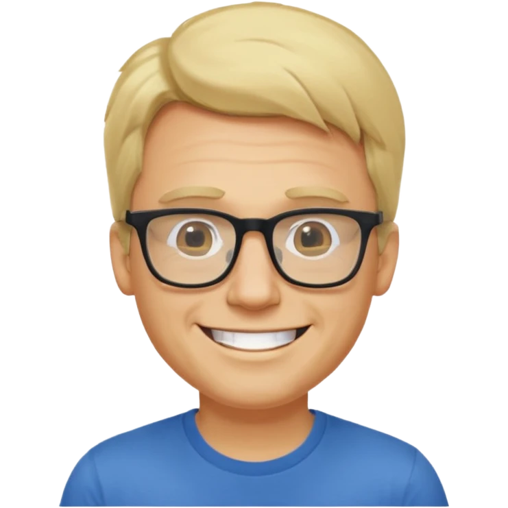 portrait of adult man, wearing a t-shirt, square glasses, grinning face, blond hair emoji