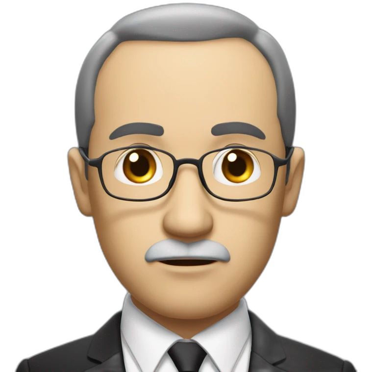 Middle-aged man with gold glasses, thin beard, dark hair, black suit, red tie, white shirt, and a serious expression. emoji