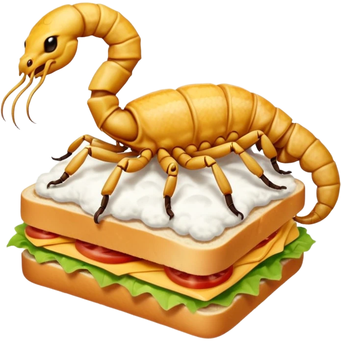 MAKE A SCORPION ON TOP OF A EHITE FLUFFY CLOUD THAT IS HOLDING A SANDWICH IN ITS CLAW AND LOOKING LIKE ITS EATING IT AND NOT ON TOP OF THE SANDWICH emoji