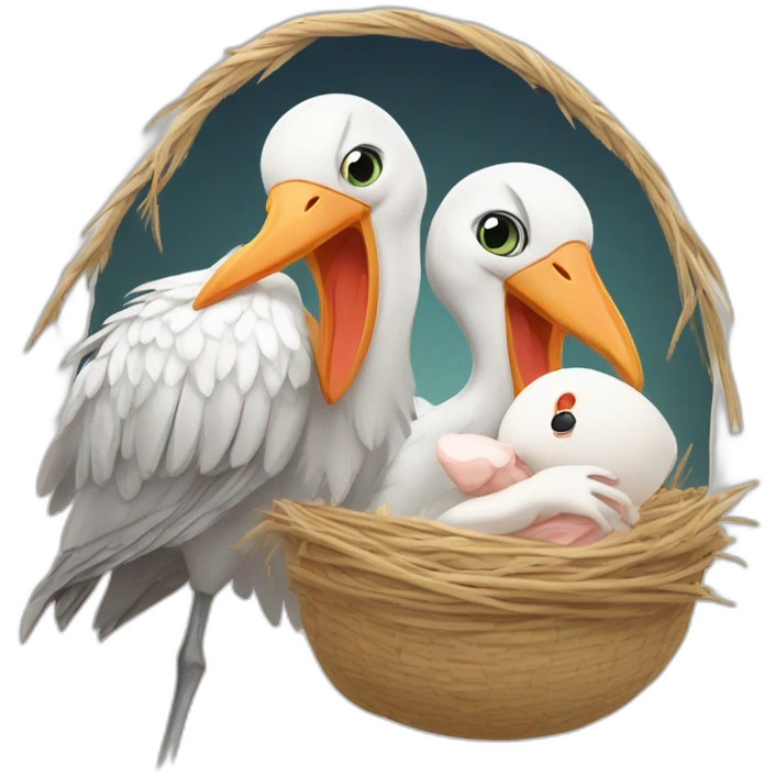  white stork carrying a bundle of cloth in its beak that has a cute baby human that his face peeking out from it emoji