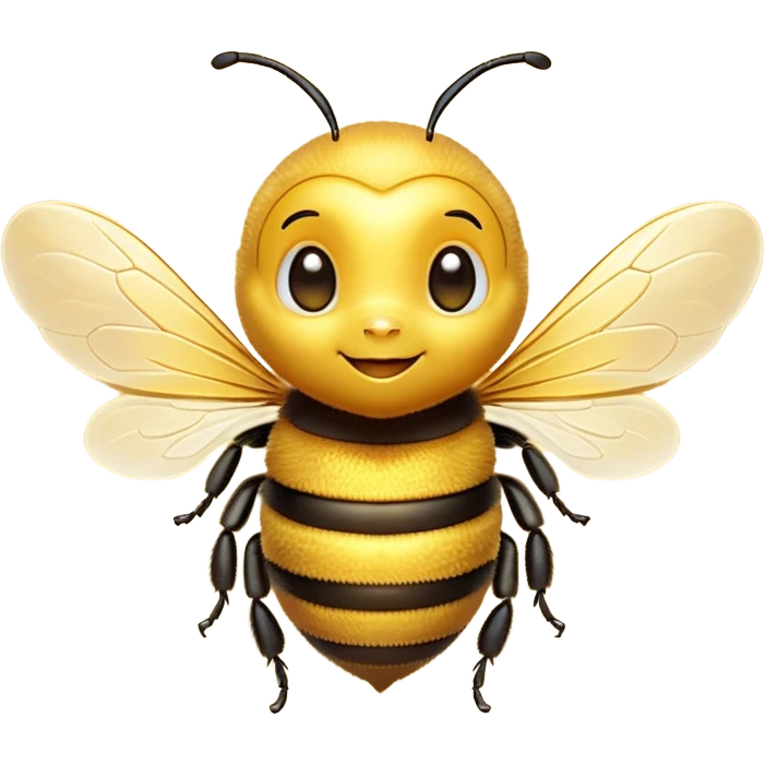 Cinematic Cute Bee Portrait Emoji, Head tilted playfully and inquisitively, featuring a delightfully small, fuzzy body with bright, sparkling eyes and adorable, delicate wings, Simplified yet irresistibly adorable features, highly detailed, glowing with a warm, inviting glow, high shine, affectionate and lively, stylized with a touch of whimsical honeyed charm, soft glowing outline, capturing the essence of a mischievous yet endearing bee that seems as if it could buzz out of the screen into your arms! emoji