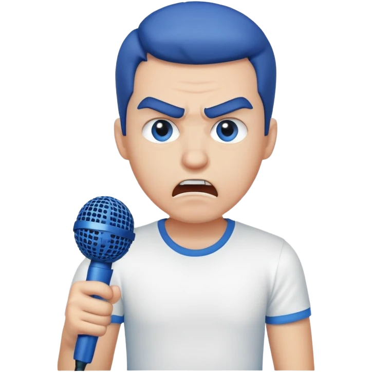 a man in a white T-shirt and a blue microphone gets angry when people tell him about his cell phone. emoji