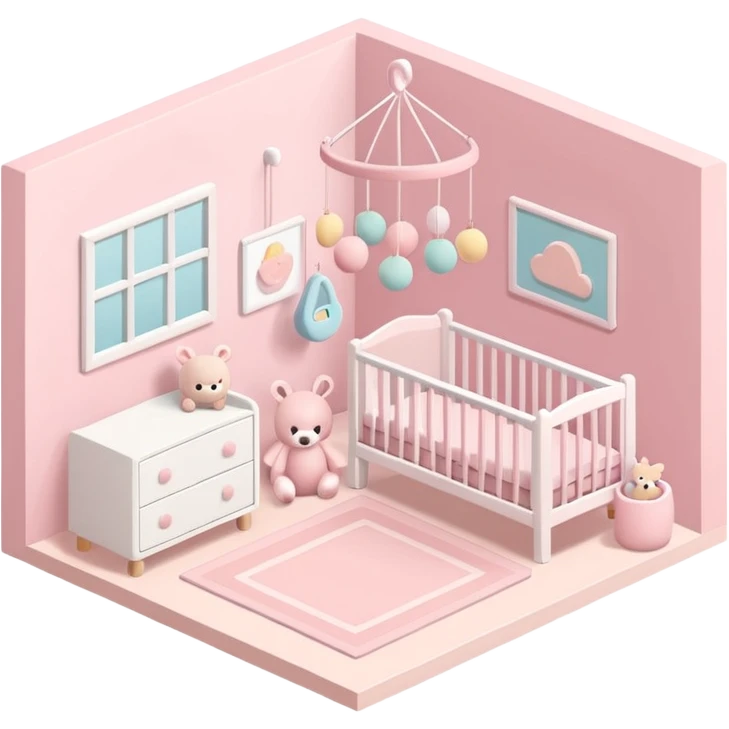 isometric baby room, Nursery with pastel walls and hanging mobile emoji