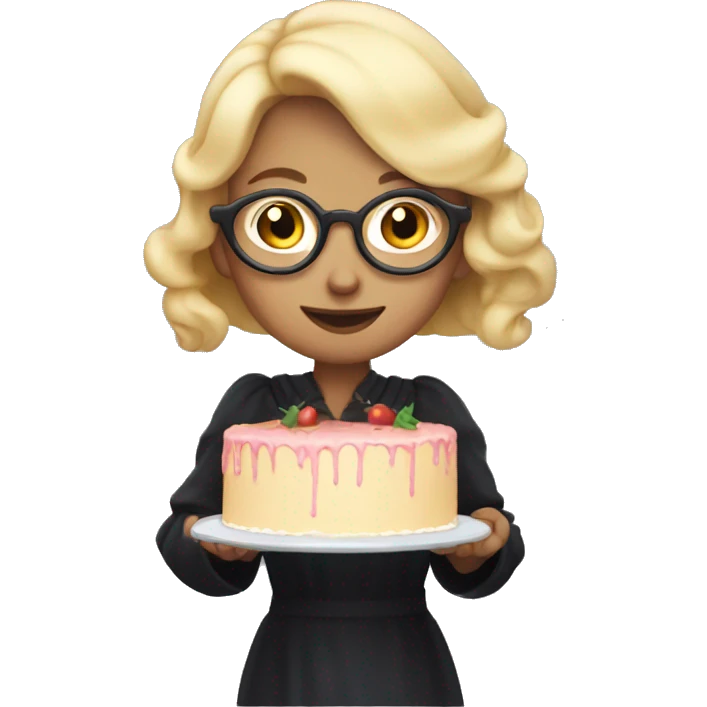 A witch with blonde hair and glasses holding a cake in her hand. emoji