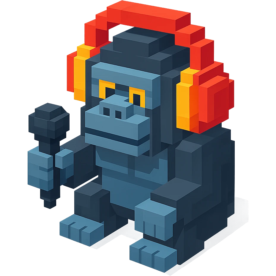 gorilla with headphones holding a microphone, isometric view, voxel style emoji