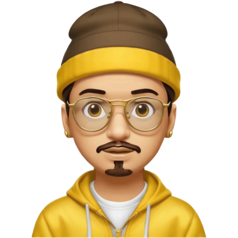 Ali G from Ali G Indahouse with brown eyes, dark brown hair, gold outfit, yellow glasses and hat emoji