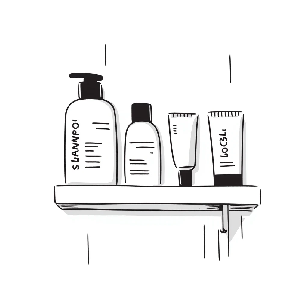Shampoo bottle, color tube, and conditioner standing on a shelf, products are luxury brand-labeled emoji