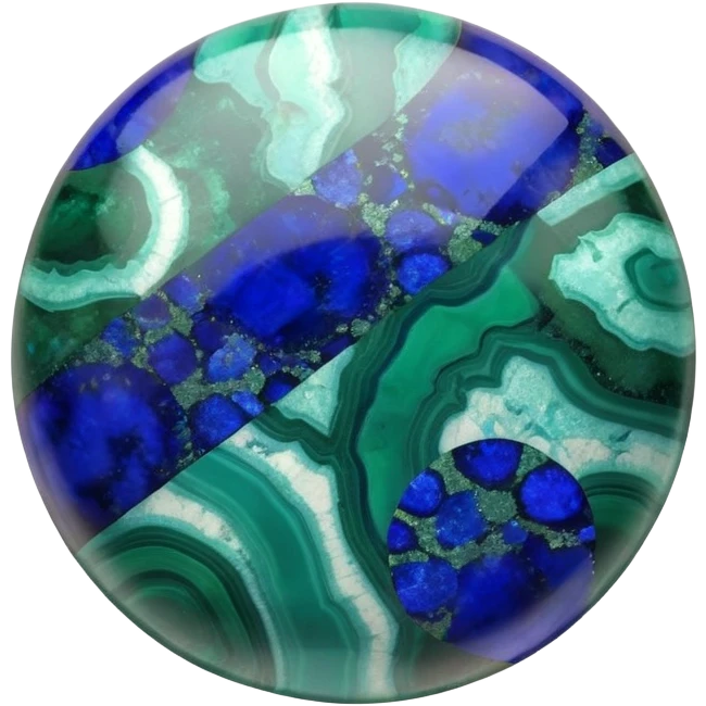 Round cabochon gemstone with blue azurite and green malachite mixed patterns and high polish emoji