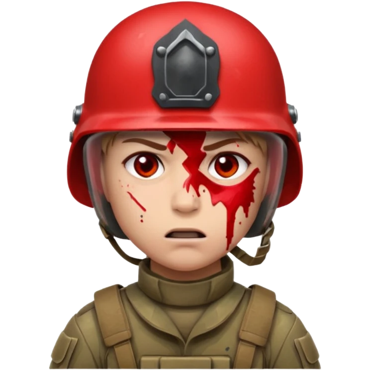 soldier with red skin tone, furious expression, blood splatter on left cheek emoji
