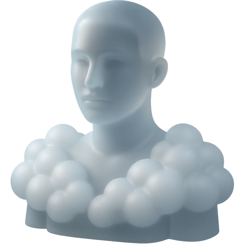 person looking straight ahead, shoulders filled with puffy white fluffy clouds, matte glass style emoji