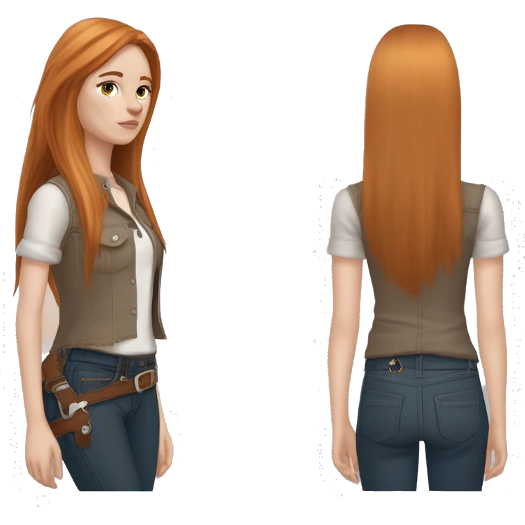 White fair skin, long hair, woman, feminine, straight hair in a wolf haircut, ginger coloured hair, grundge aesthetic, beautiful face, British, stylist, aesthetic, side bangs, front bangs, teen, full body, slim, she’s wearing a cowboy outfit emoji