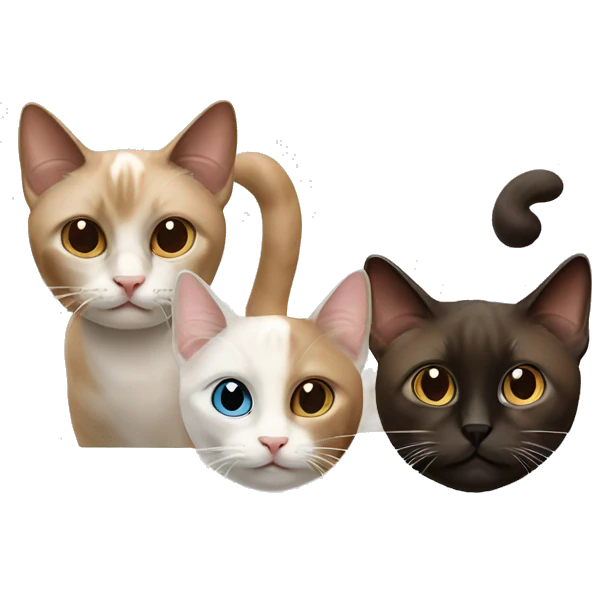 Three cats: white, Siamese, brown emoji