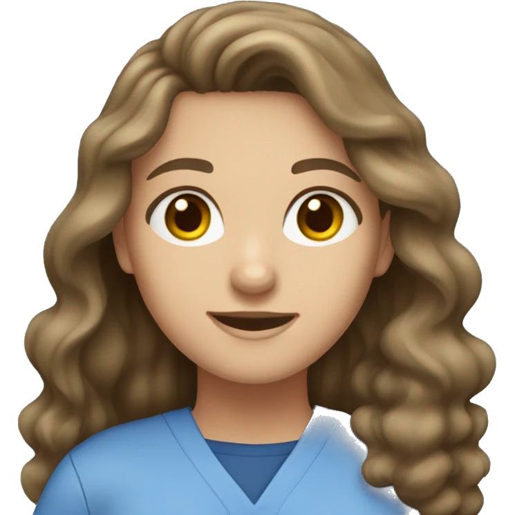 Caucasian brunette girl with long wavy hair, hazel eyes and blue scrubs emoji