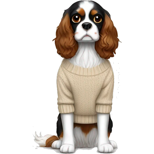 Black, white, and brown King Charles Cavalier Spaniel with a beige winter sweater emoji