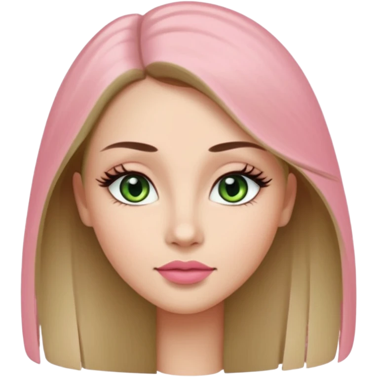Adult woman avatar, light skin tone, oval face, long straight ash-brown hair, green almond-shaped eyes with dramatic eyelashes and minimal eyeliner, neutral mouth, medium straight eyebrows, small nose, natural pink lips, smooth skin with light natural blush emoji