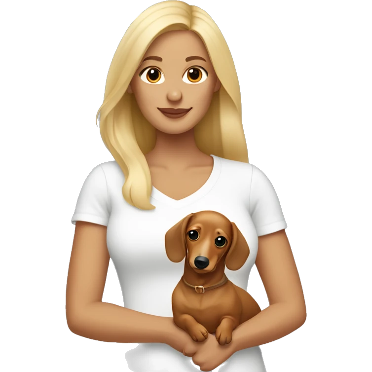 Blonde woman with tan skin wearing white top holding a blonde long haired dachshund  emoji