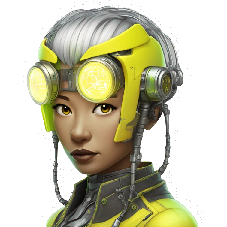 Neon yellow bobbed hair Asian female cyborg head with silver steampunk goggles and circuits emoji