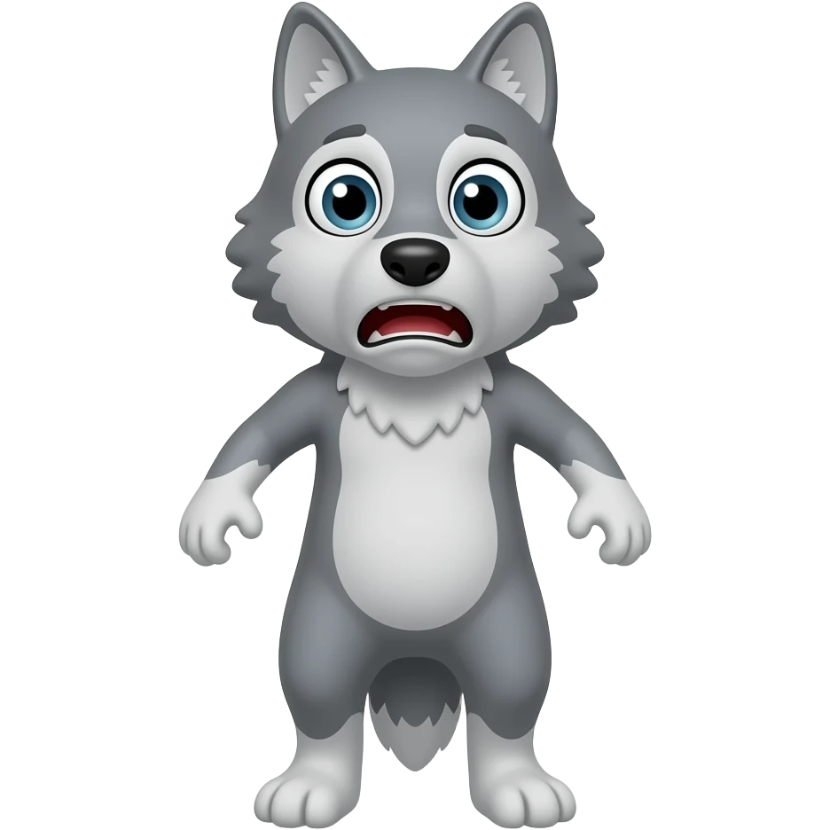 A small gray wolf standing upright, with human-like arms and legs, looking at us with a extremely afraid expression. The wolf’s body is entirely gray. emoji