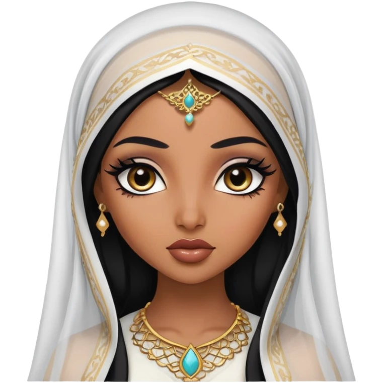 arabian nose, pretty lips, arabian clothes, veil, medium dark skin,  long black hair, pretty bratz baddie, black eyeliner emoji