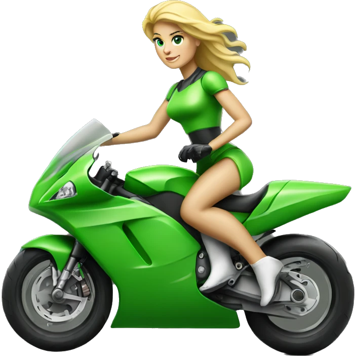 blonde woman and strong man on green racing motorcycle emoji