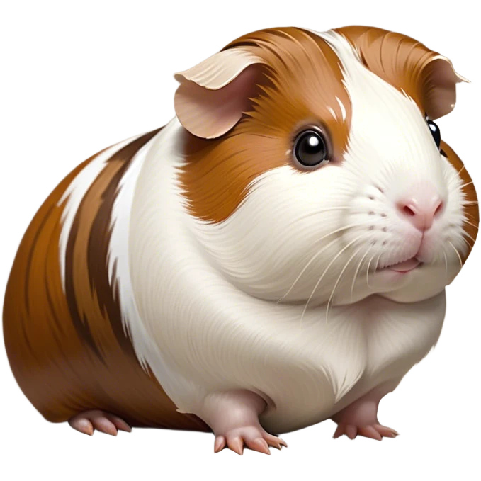 Cinematic Noble Brown and White Banded Guinea Pig Portrait Emoji, Poised and regal, with a compact, chubby build and a uniquely patterned fur of warm brown and crisp white banding, deep-set soulful dark eyes, Simplified yet sharp and sophisticated features, highly detailed, glowing with a soft, dignified glow, high shine, intelligent and charming, stylized with an air of distinctive elegance, focused and attentive, soft glowing outline, capturing the essence of a watchful and confident companion, so majestic it feels as though it could scurry out of the screen with effortless authority! emoji