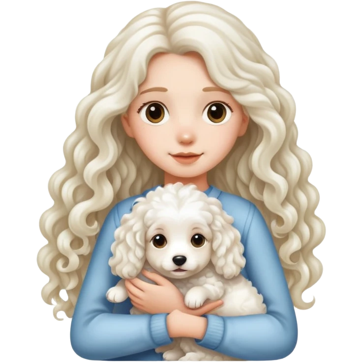 Long-haired girl holding a white curly dog emoji