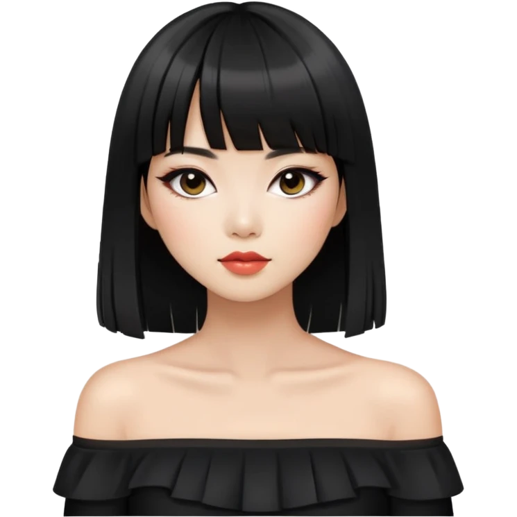 chic woman with Asian skin, black long straight bangs, wearing a black off-shoulder top, and makeup emoji