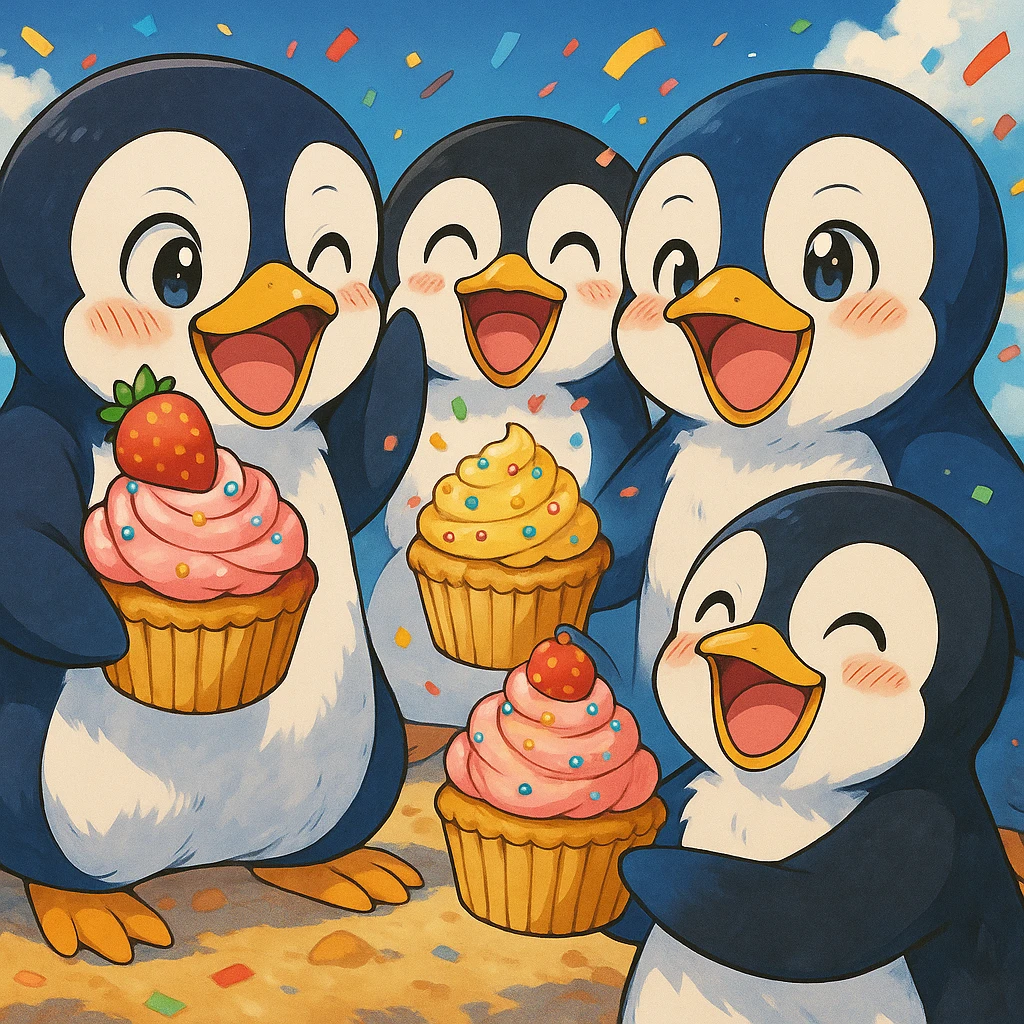 Add more penguin friends, all sharing cupcakes, in an anime style with a happy and festive atmosphere. Maintain the original look but enhance the scene with joyful and colorful anime elements. emoji
