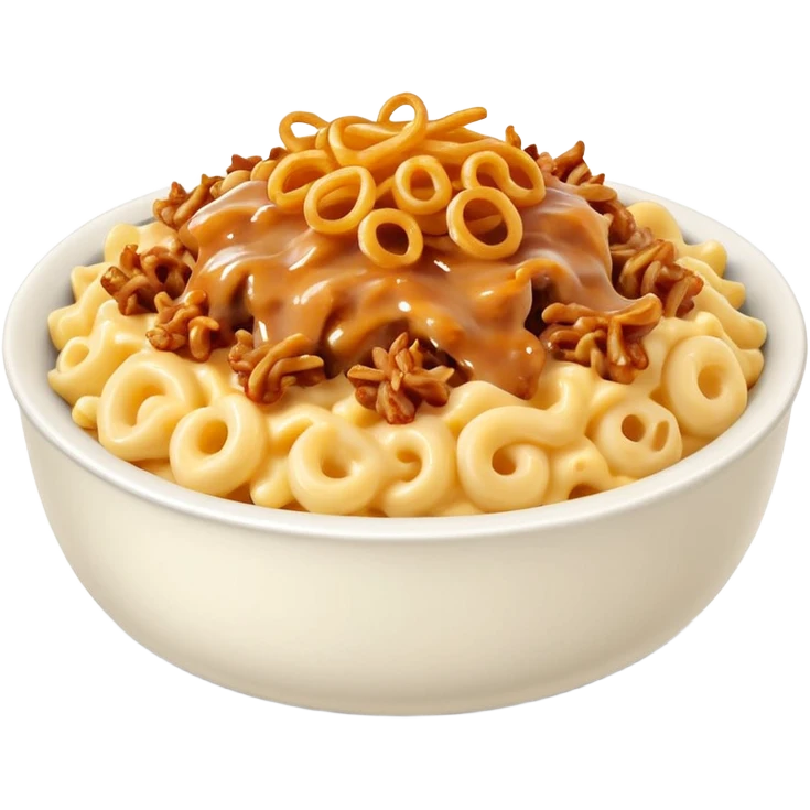 Bowl of Mac and cheese topped with chives, crispy onions, and pulled pork emoji